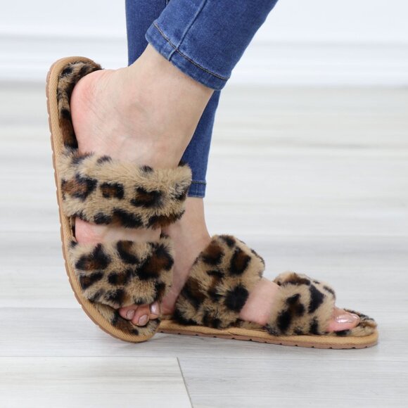 Leopard Tan Puff Fuzzy Fluffy Slip On Plush Slippers Double Strap - Picture 9 of 16